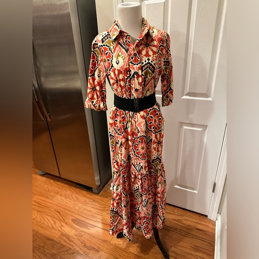 Zara Coral Rust Cream & Black Geo-Floral Maxi Shirt Dress